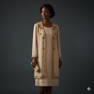 Vintage Jack Bryan Beaded Chiffon Dress & Jacket Set Size 14 90s Formal Regency